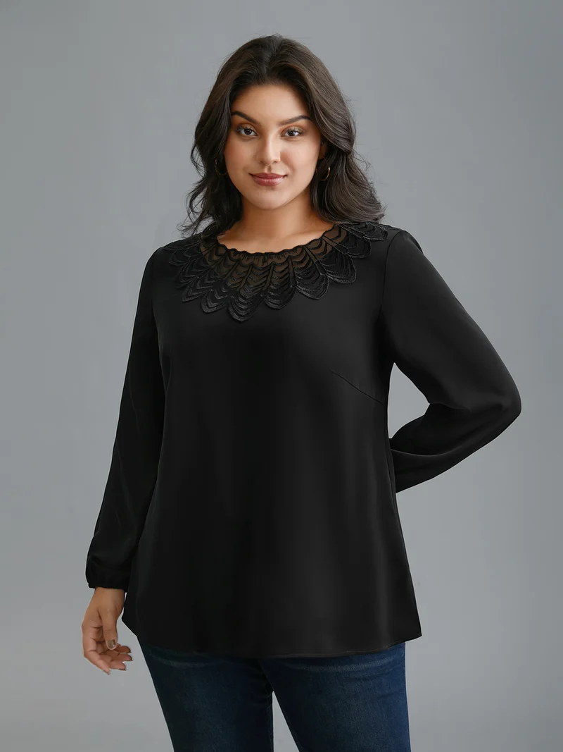 Lace Trim Sheer Neckline Blouse