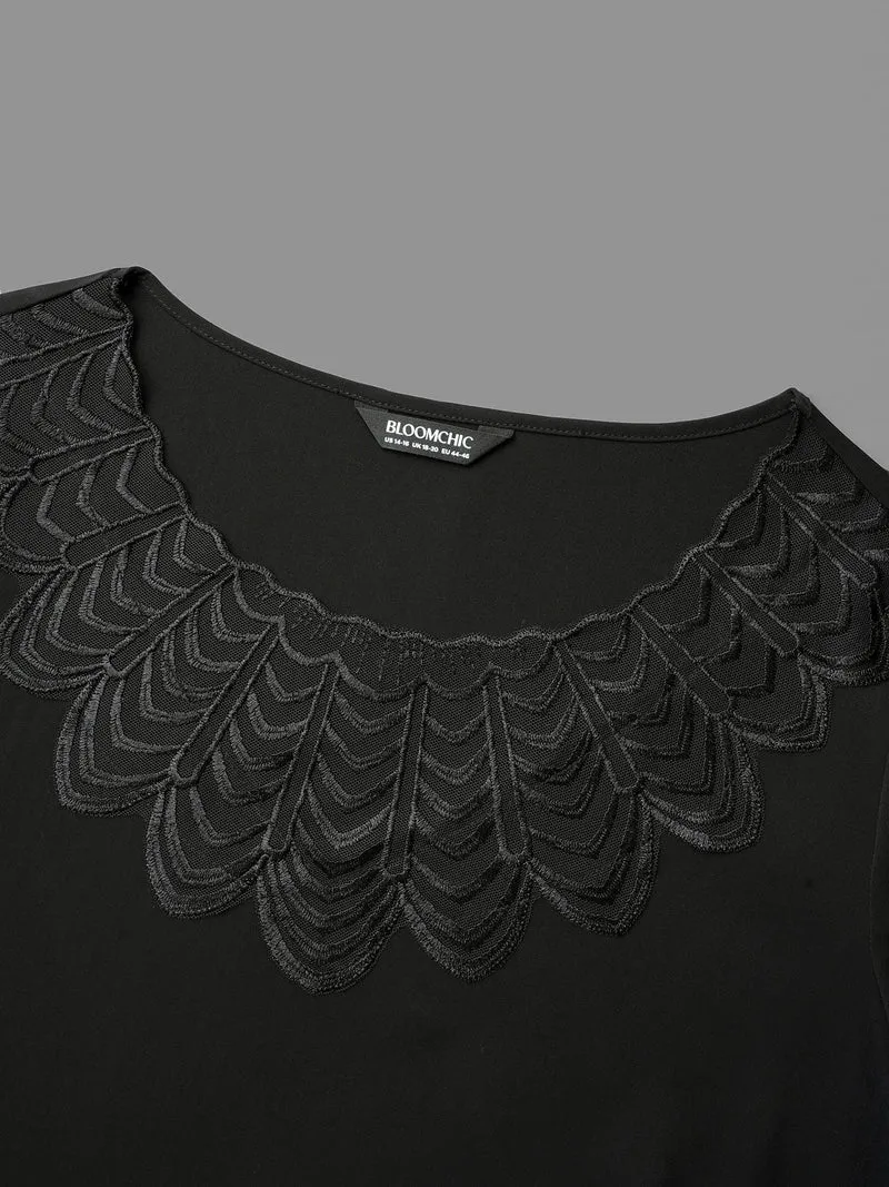 Lace Trim Sheer Neckline Blouse