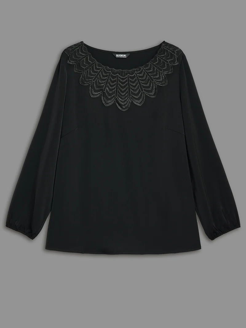 Lace Trim Sheer Neckline Blouse