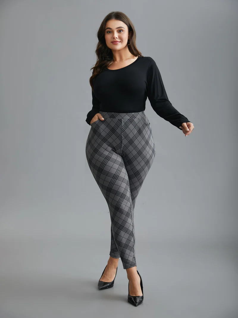 Plaid Pattern Mid-Rise Skinny Pants