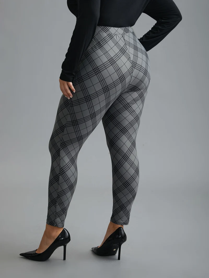 Plaid Pattern Mid-Rise Skinny Pants