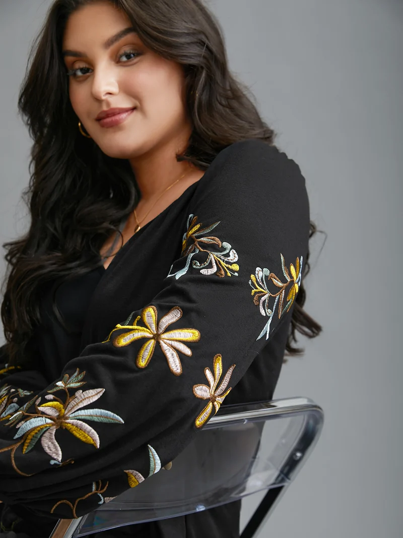 Floral Embroidered Sleeve Notched Neckline T-shirt