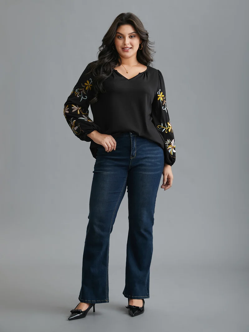 Floral Embroidered Sleeve Notched Neckline T-shirt