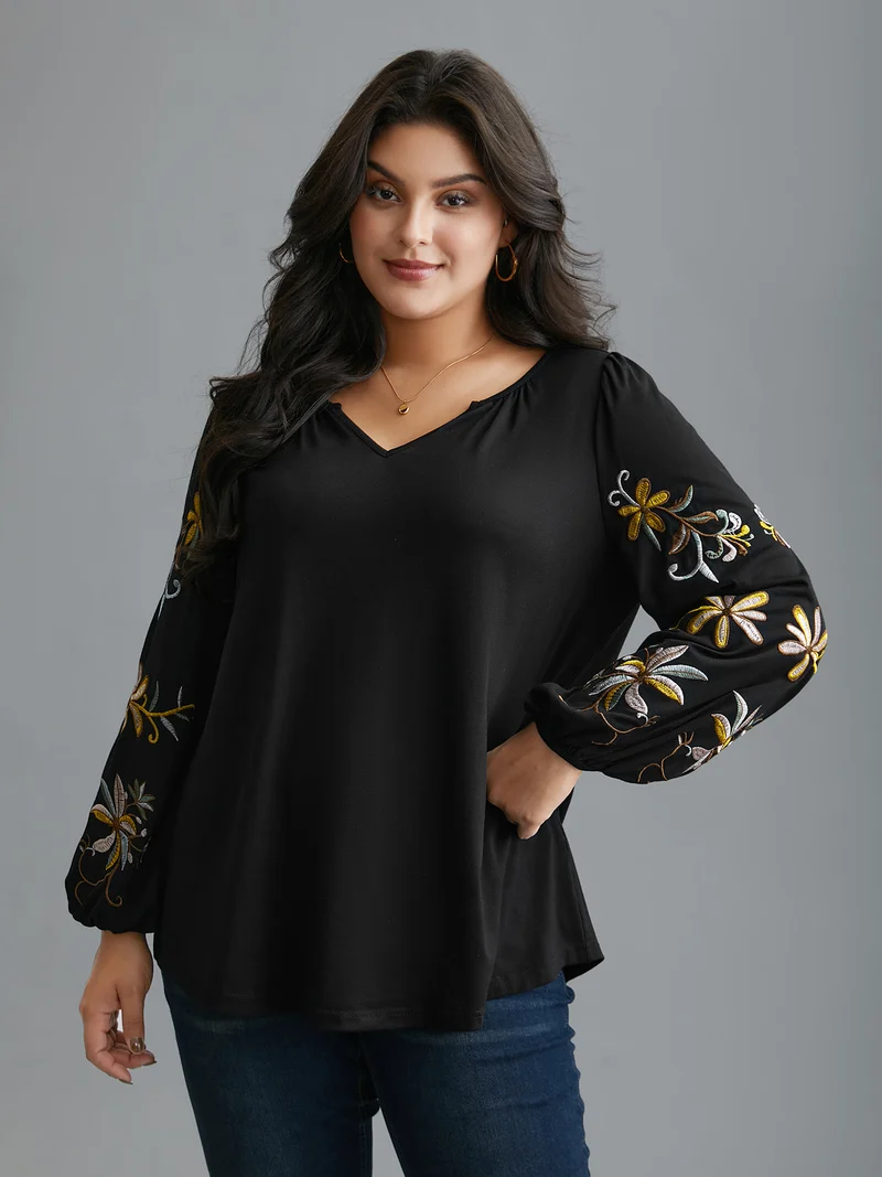 Floral Embroidered Sleeve Notched Neckline T-shirt