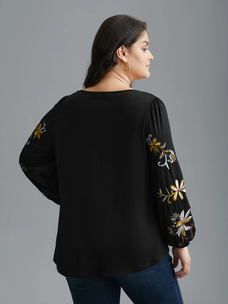 Floral Embroidered Sleeve Notched Neckline T-shirt