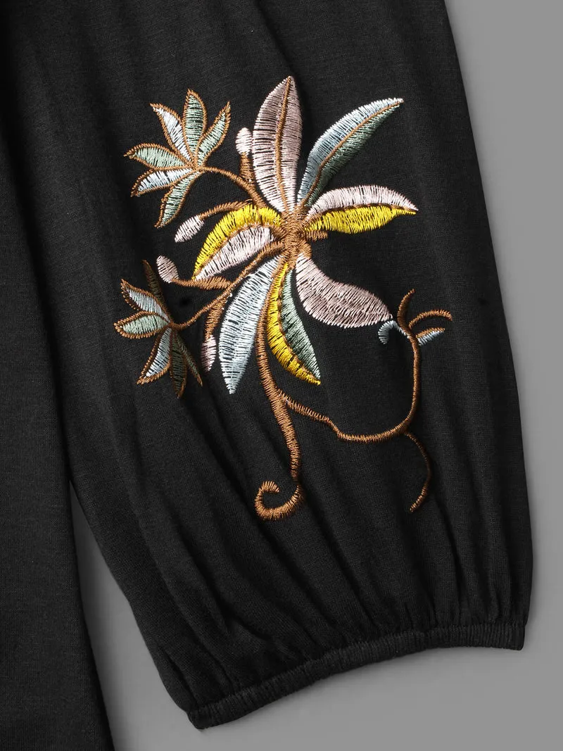 Floral Embroidered Sleeve Notched Neckline T-shirt