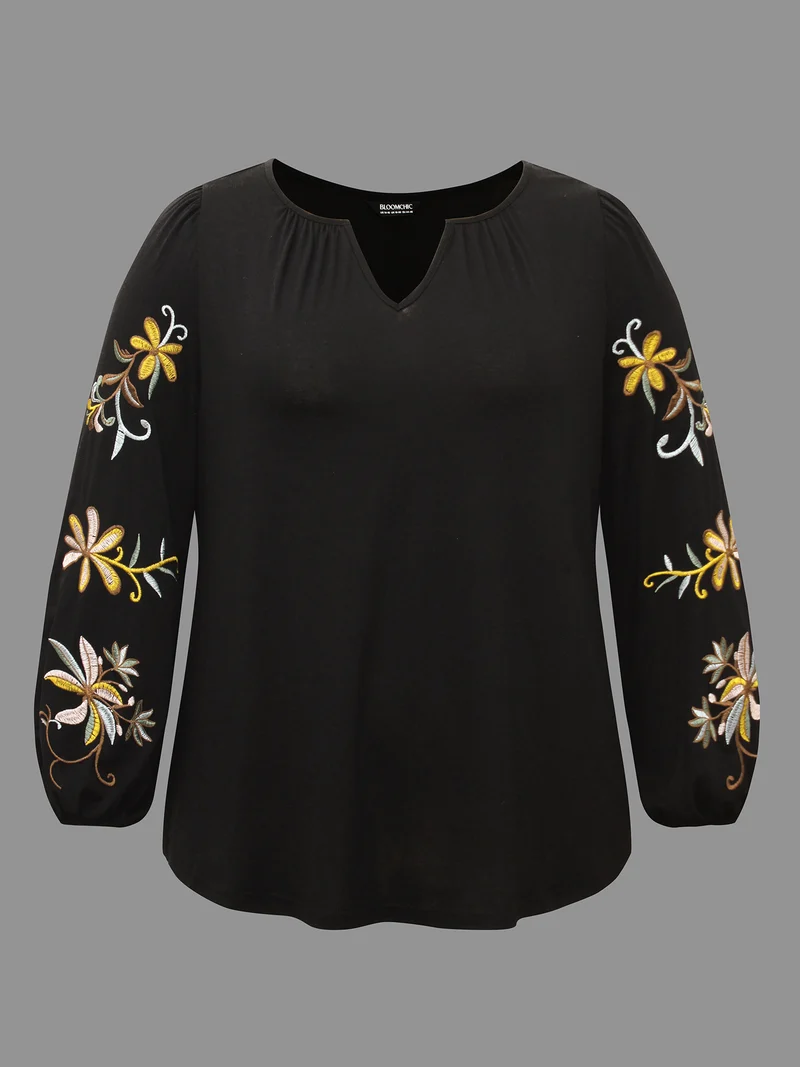 Floral Embroidered Sleeve Notched Neckline T-shirt