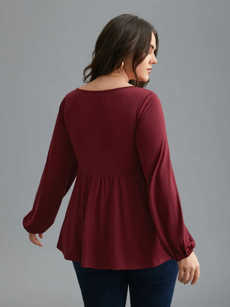 Floral Embroidery Gathered Lantern Sleeve T-shirt
