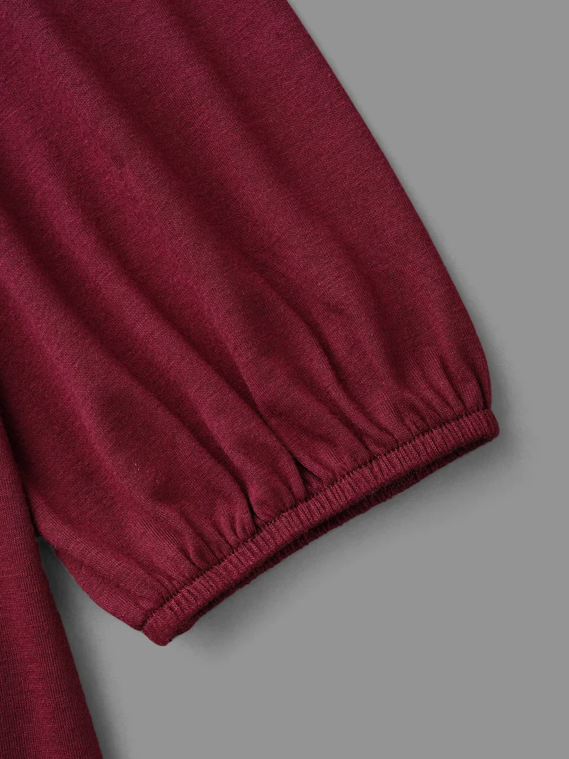 Floral Embroidery Gathered Lantern Sleeve T-shirt