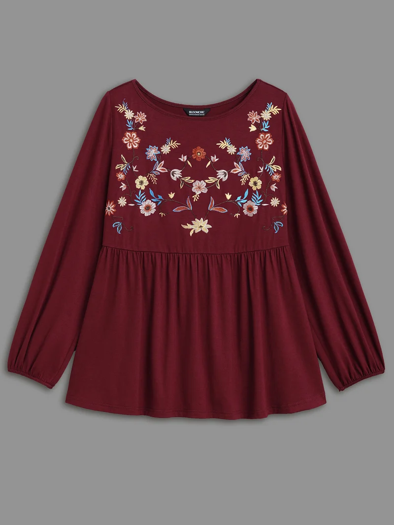 Floral Embroidery Gathered Lantern Sleeve T-shirt
