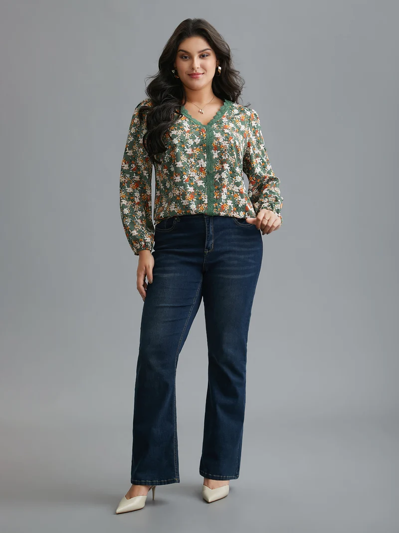 Floral Lace Panel Lantern Sleeve Blouse