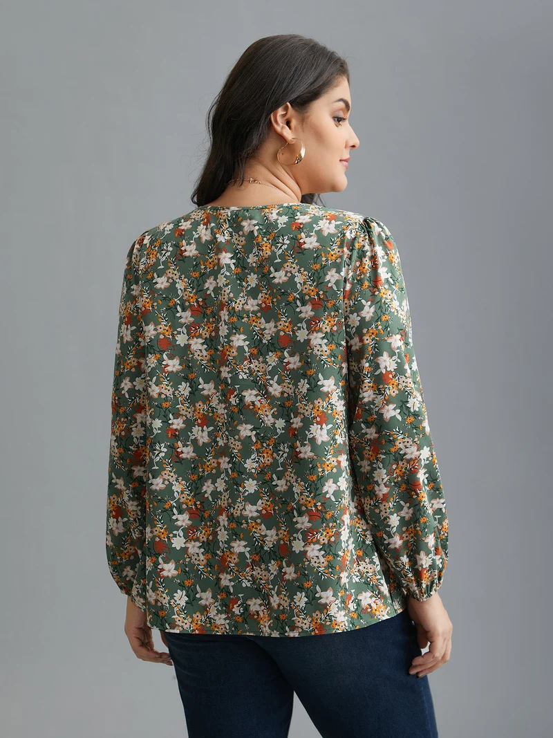 Floral Lace Panel Lantern Sleeve Blouse