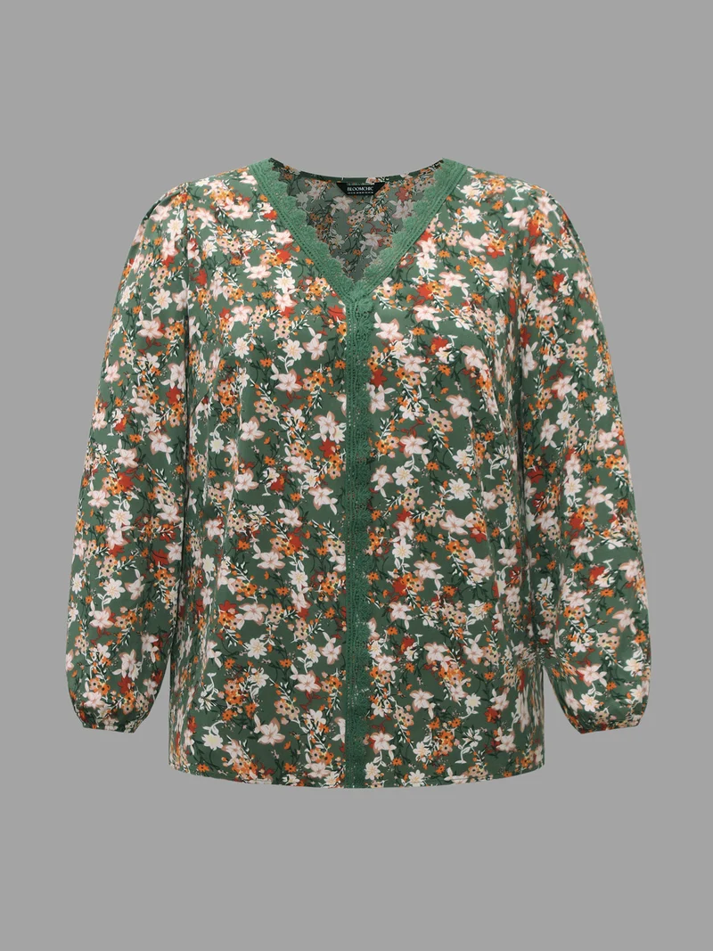 Floral Lace Panel Lantern Sleeve Blouse