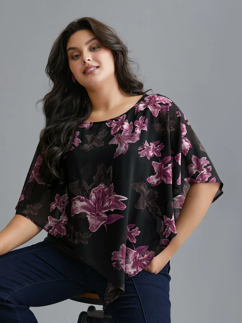 Floral Asymmetrical Sheer Dolman Sleeve Blouse