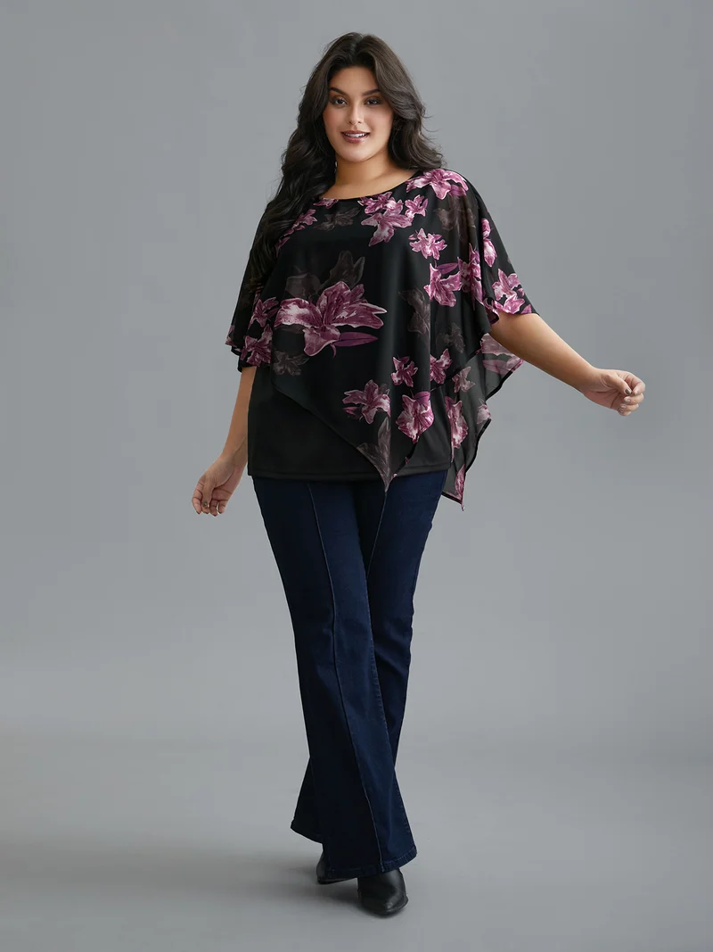 Floral Asymmetrical Sheer Dolman Sleeve Blouse