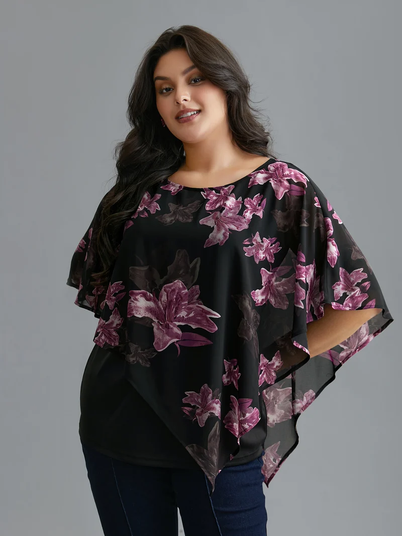 Floral Asymmetrical Sheer Dolman Sleeve Blouse
