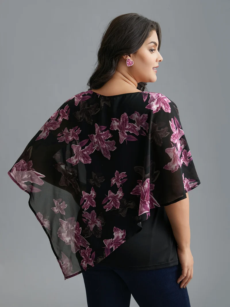 Floral Asymmetrical Sheer Dolman Sleeve Blouse