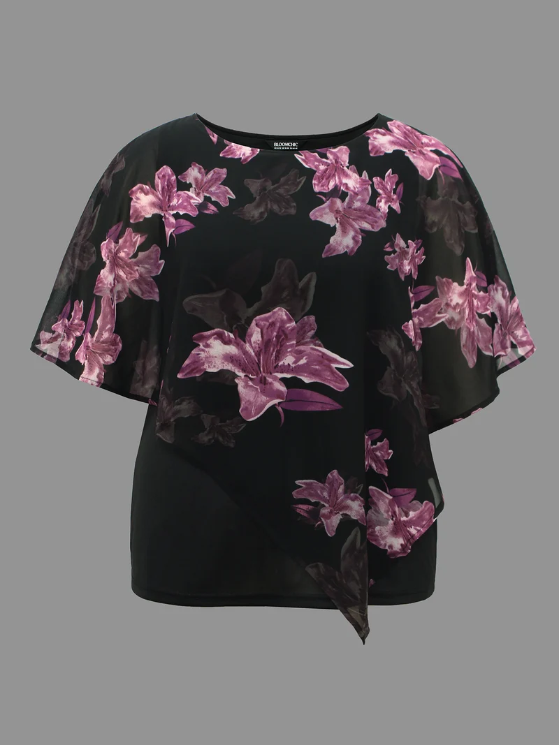 Floral Asymmetrical Sheer Dolman Sleeve Blouse