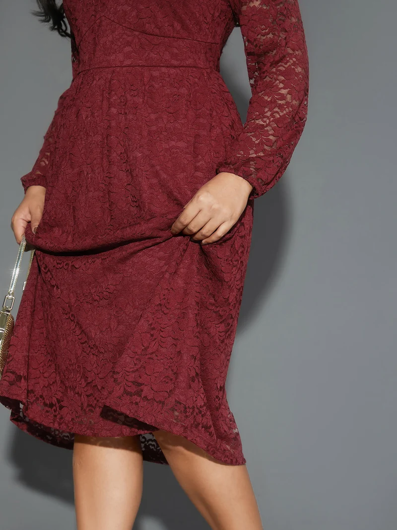 Solid Lace Patchwork Lantern Sleeve Dress