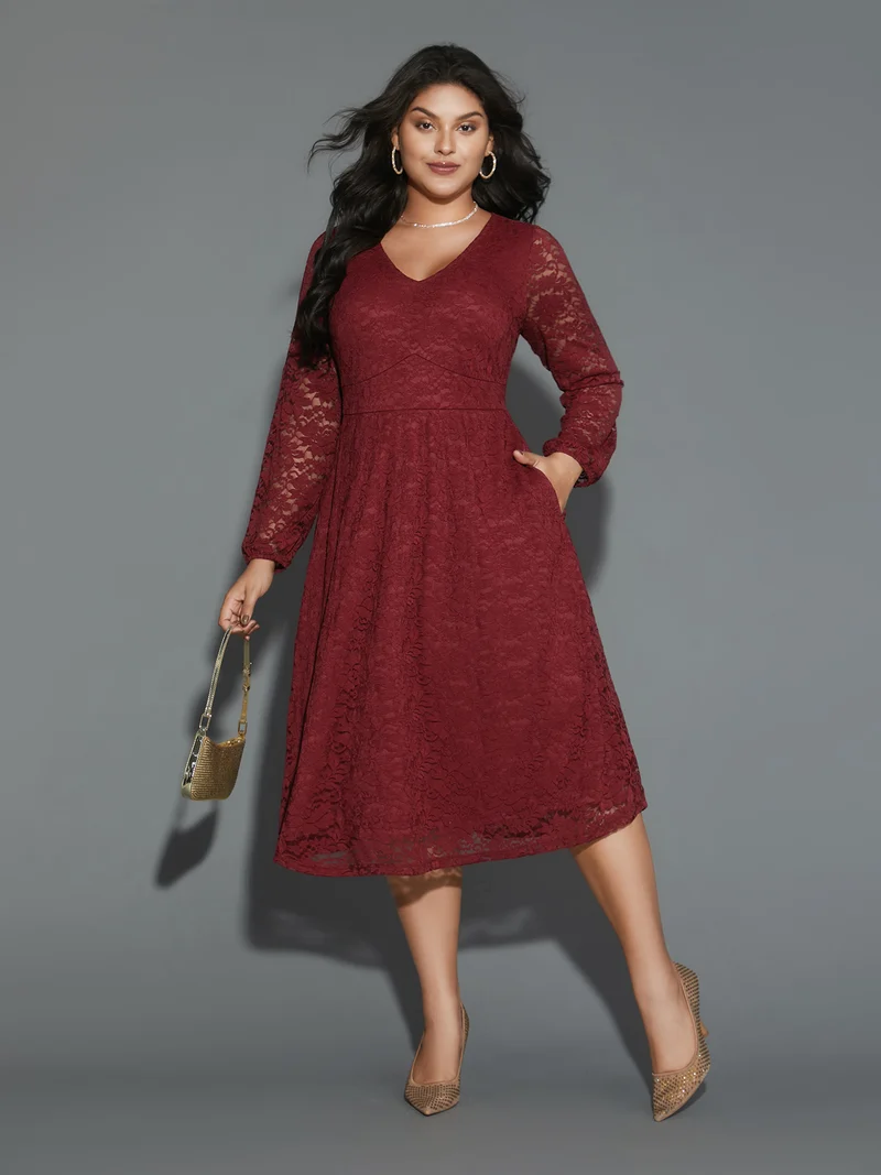 Solid Lace Patchwork Lantern Sleeve Dress