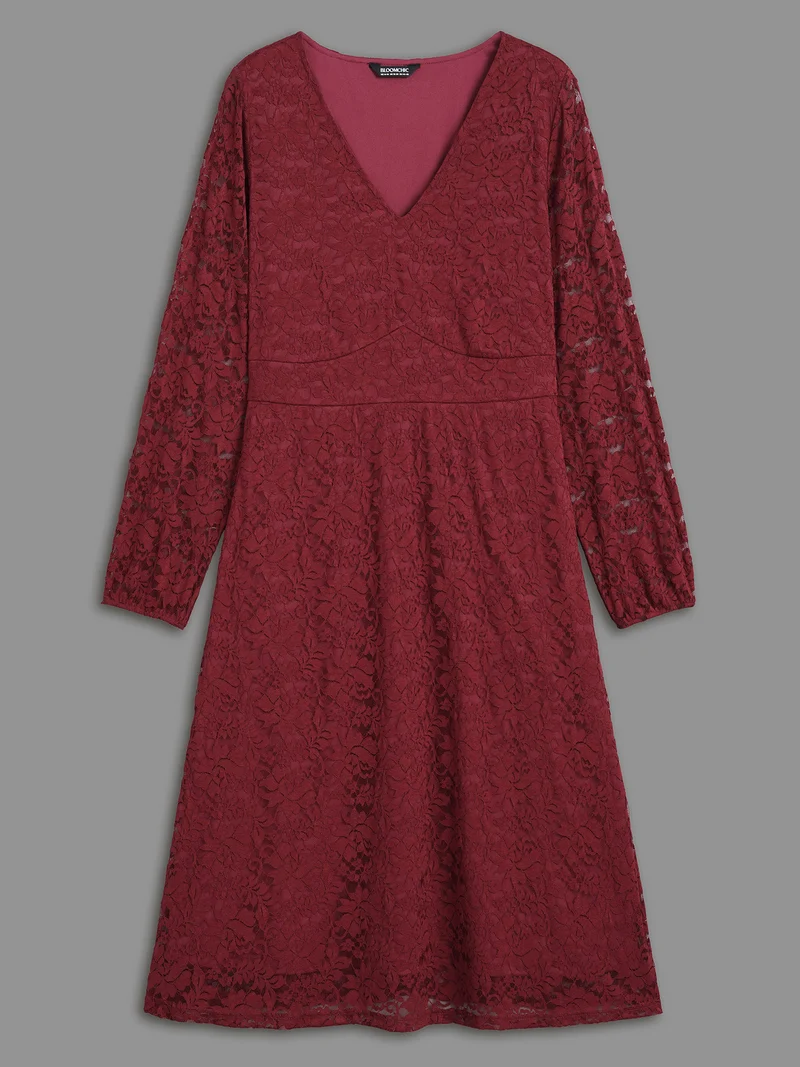 Solid Lace Patchwork Lantern Sleeve Dress