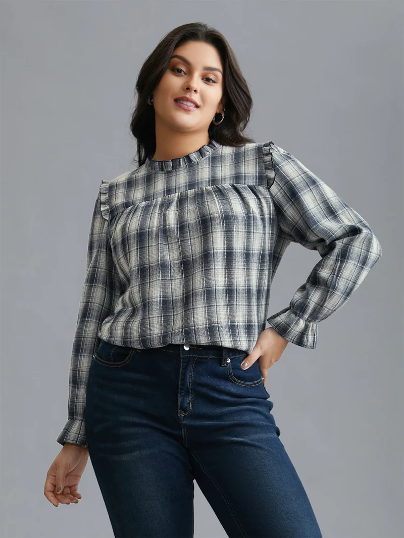 Plaid Ruffle Trim Gathered Blouse