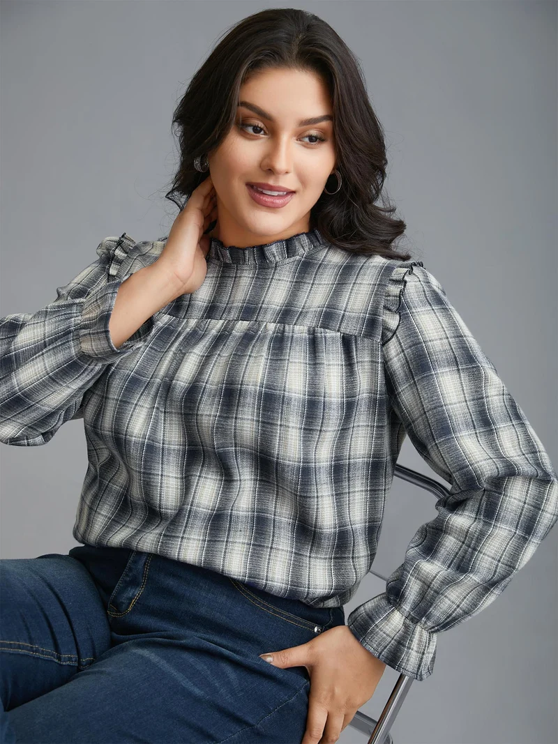 Plaid Ruffle Trim Gathered Blouse
