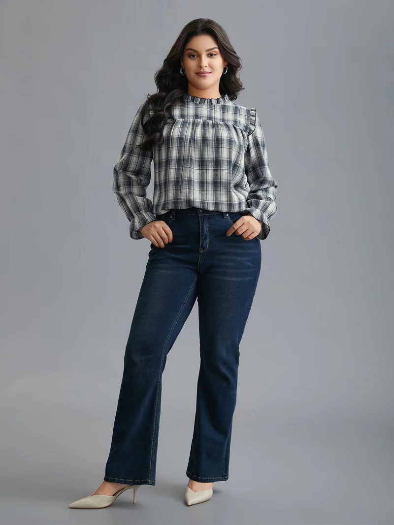 Plaid Ruffle Trim Gathered Blouse