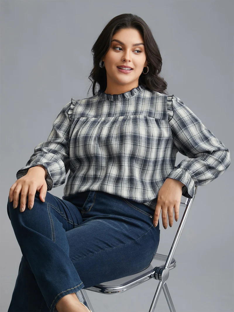 Plaid Ruffle Trim Gathered Blouse
