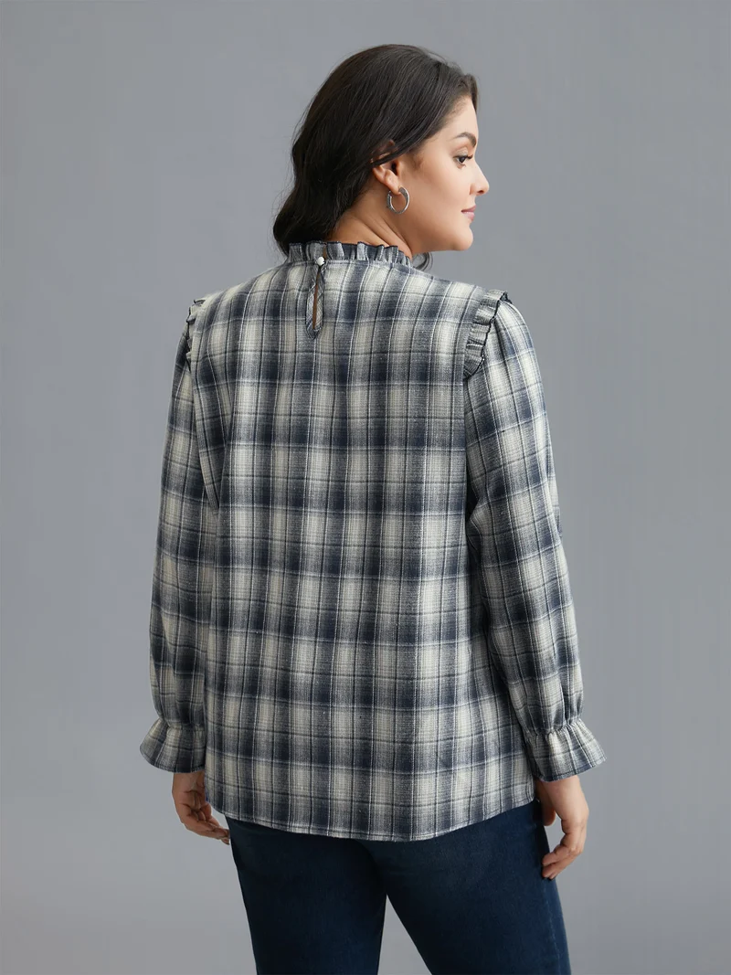 Plaid Ruffle Trim Gathered Blouse