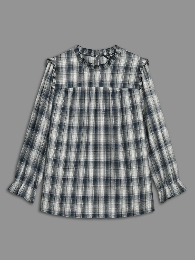 Plaid Ruffle Trim Gathered Blouse