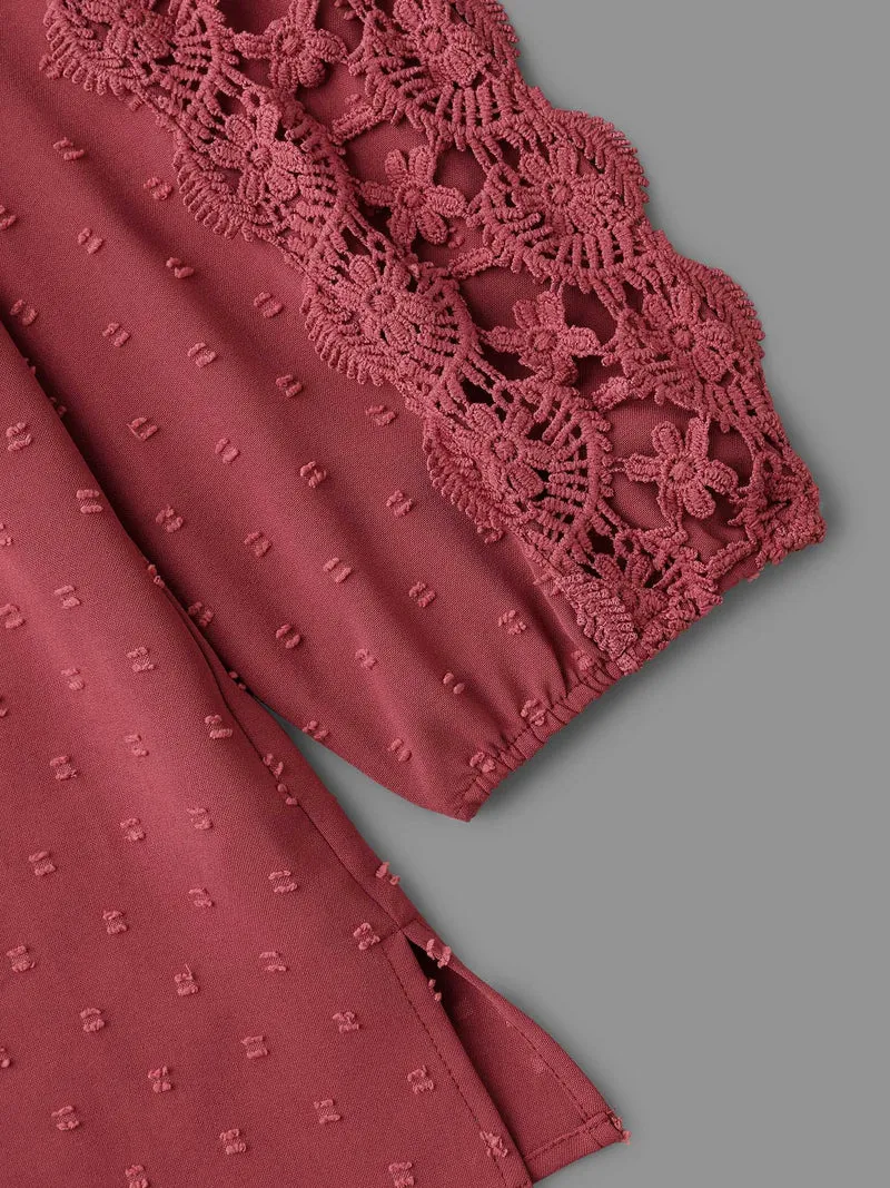Lace Trim V-Neck Textured Blouse