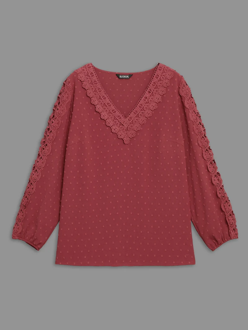 Lace Trim V-Neck Textured Blouse