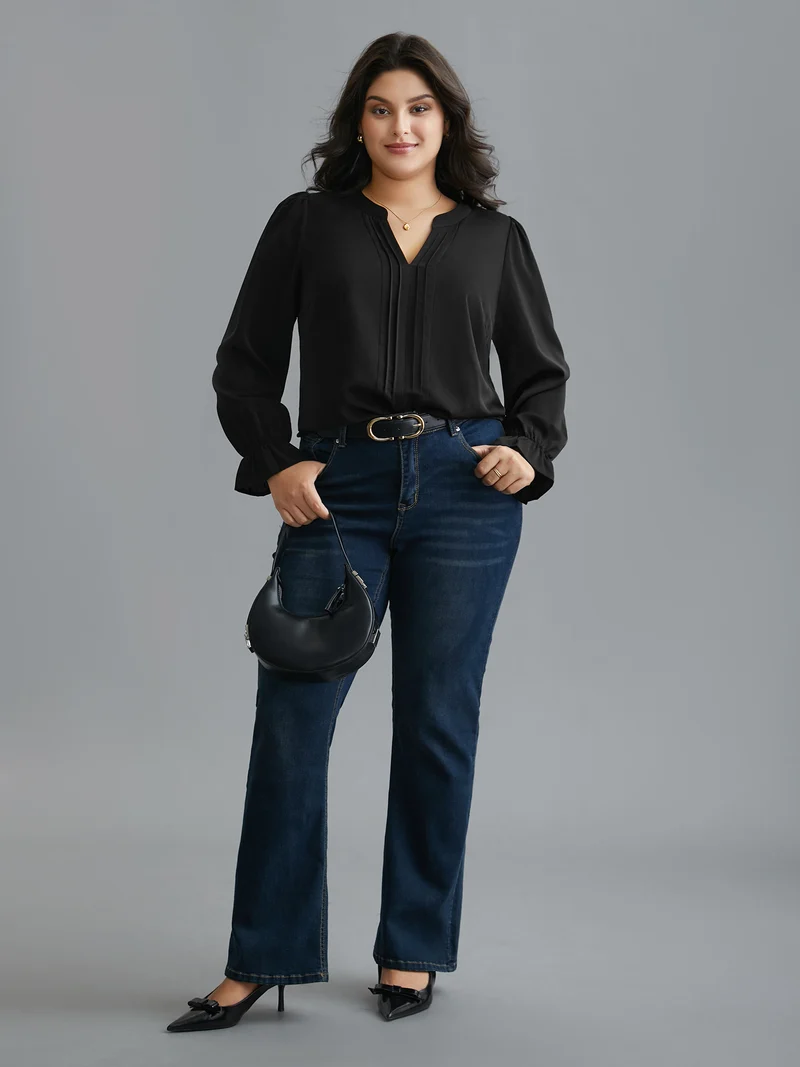 Notched Collar Pleated Lantern Sleeve Blouse