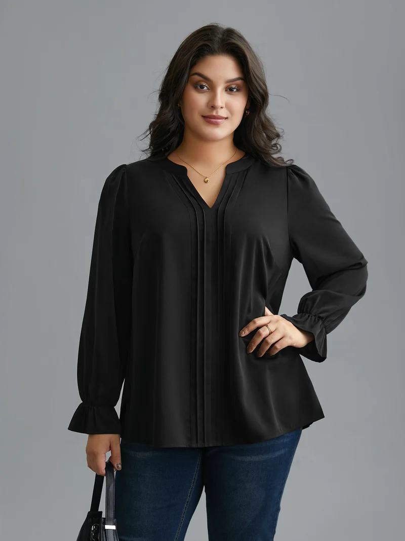 Notched Collar Pleated Lantern Sleeve Blouse