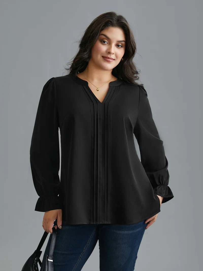 Notched Collar Pleated Lantern Sleeve Blouse