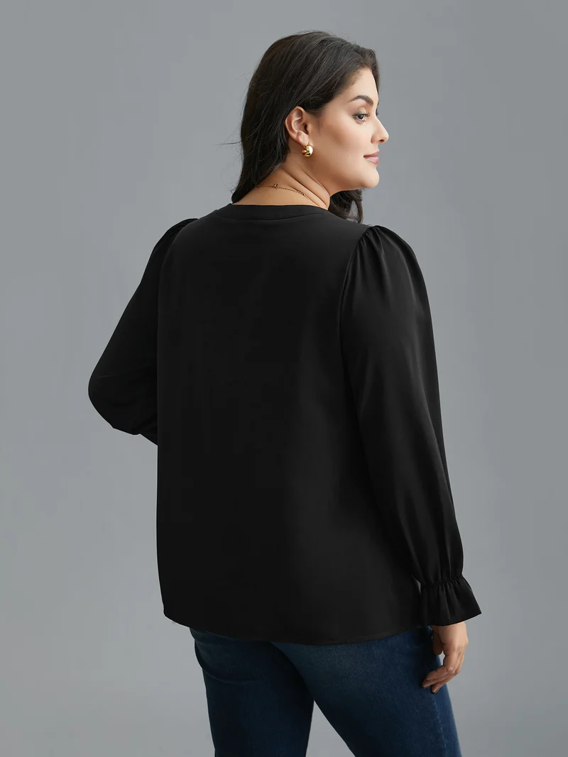 Notched Collar Pleated Lantern Sleeve Blouse