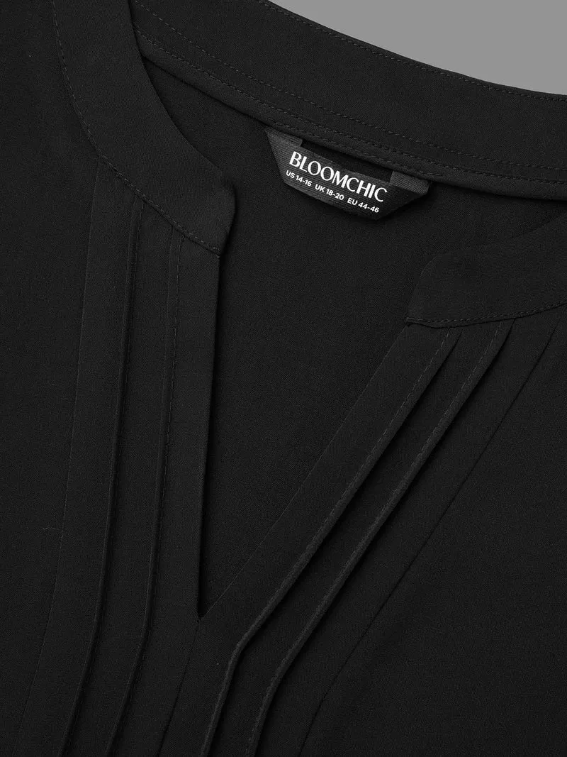 Notched Collar Pleated Lantern Sleeve Blouse