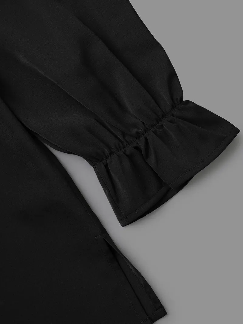 Notched Collar Pleated Lantern Sleeve Blouse