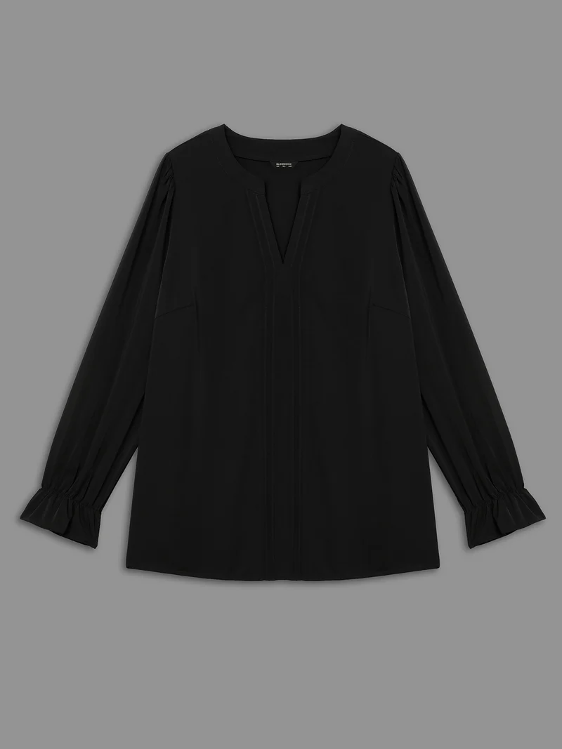 Notched Collar Pleated Lantern Sleeve Blouse