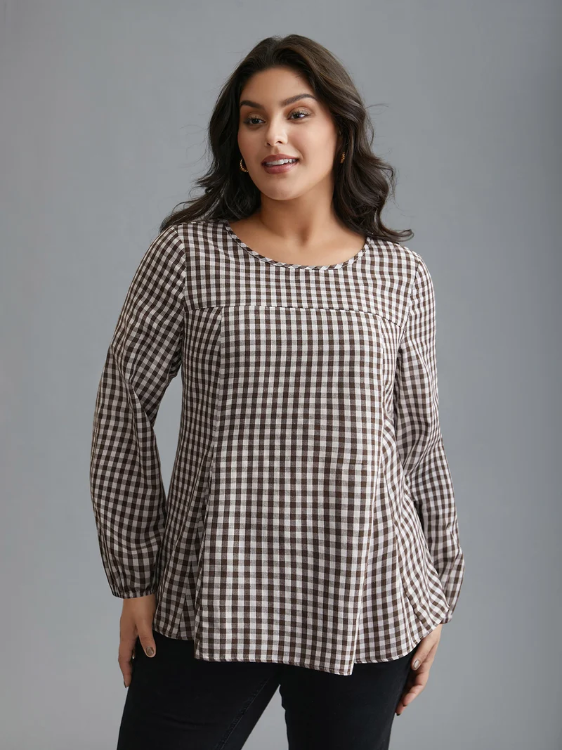 Gingham Elastic Cuff Round Neck Shirt