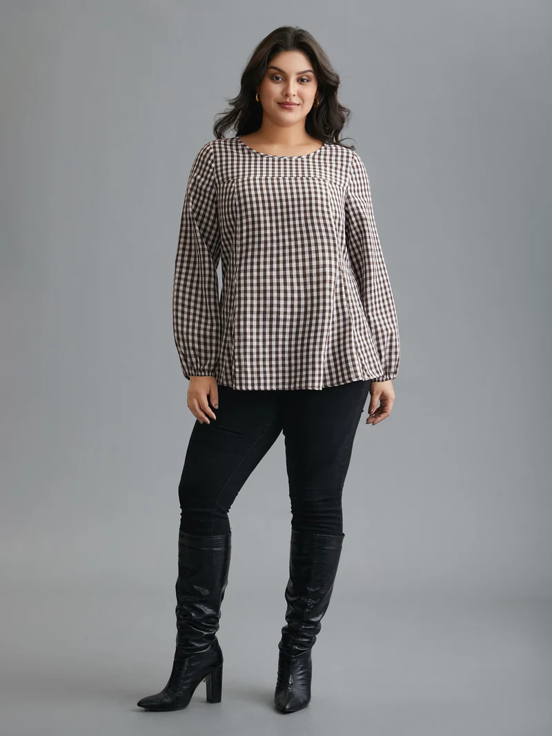 Gingham Elastic Cuff Round Neck Shirt