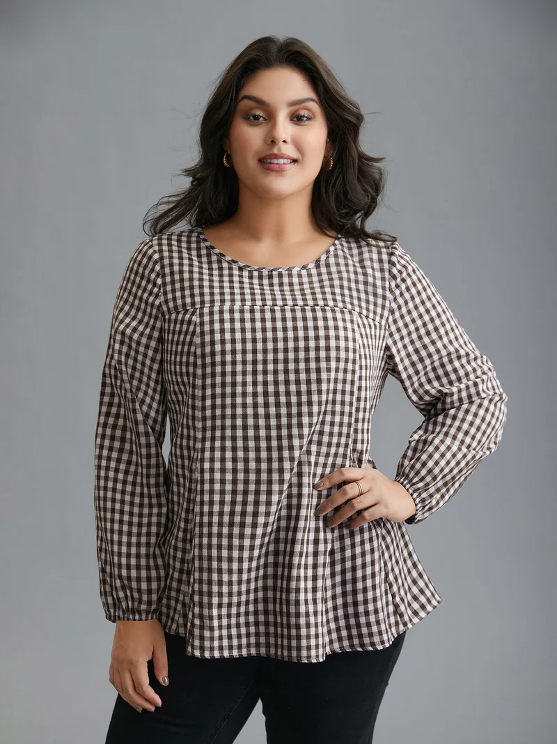 Gingham Elastic Cuff Round Neck Shirt