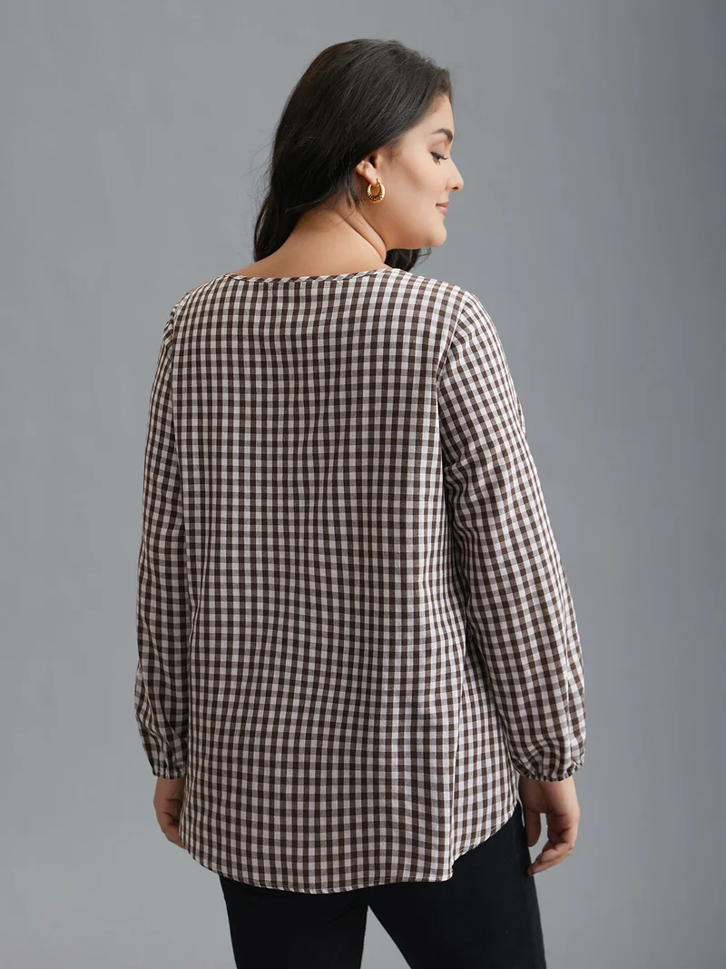Gingham Elastic Cuff Round Neck Shirt