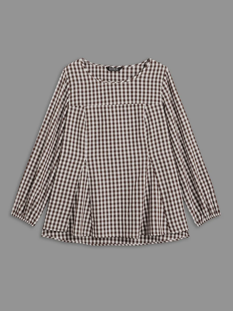 Gingham Elastic Cuff Round Neck Shirt
