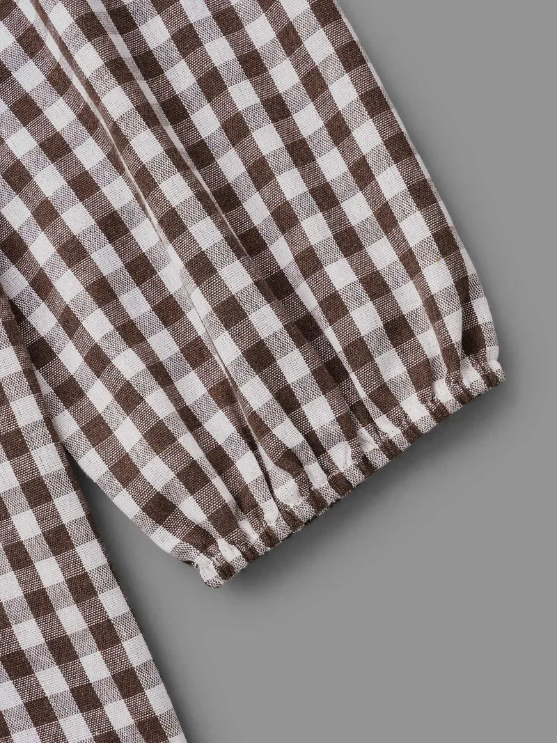 Gingham Elastic Cuff Round Neck Shirt