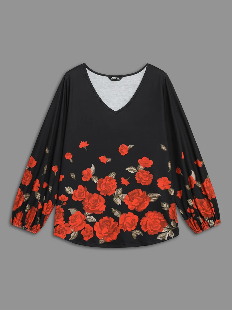 Floral Hem V-Neck Stretchy T-shirt