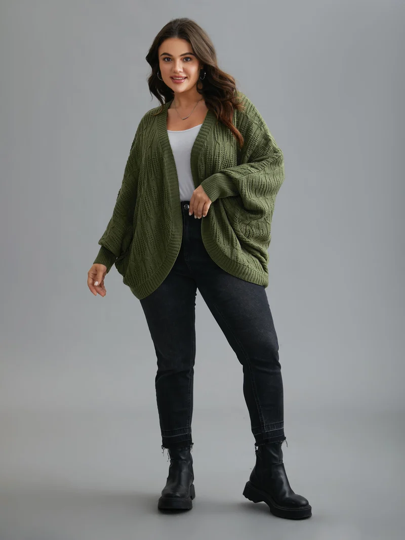 Curved Open-Front Dolman Sleeve Knit Cardigan