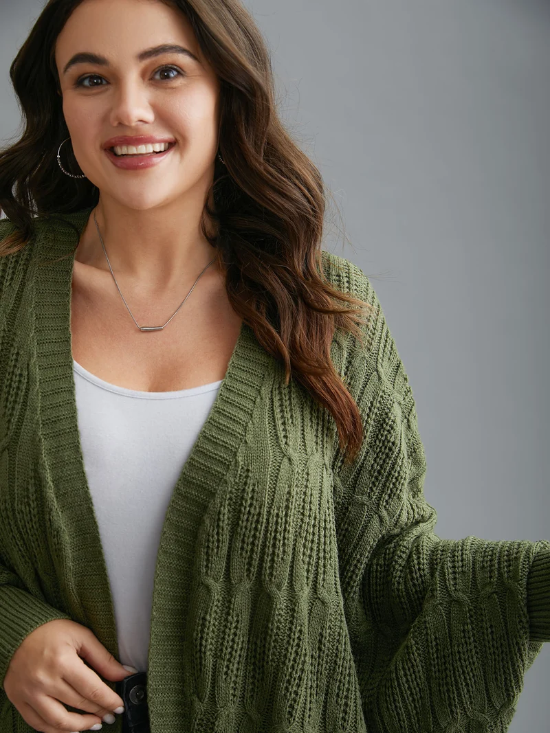 Curved Open-Front Dolman Sleeve Knit Cardigan