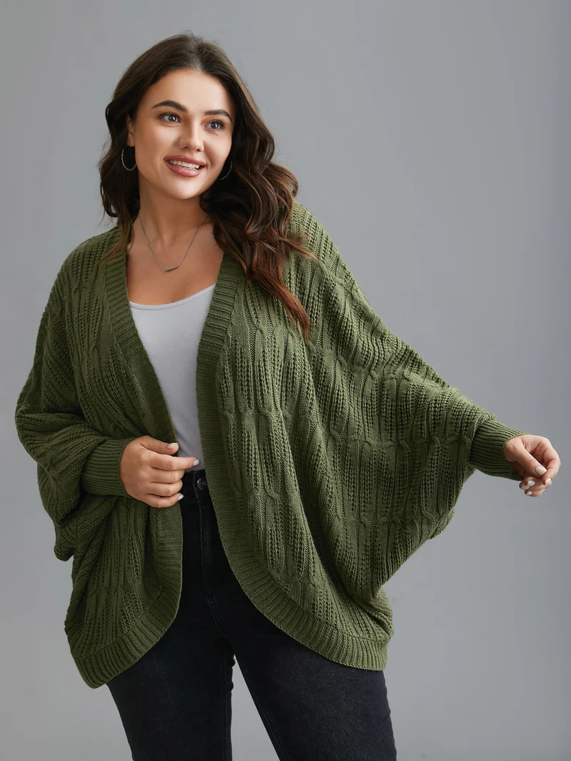 Curved Open-Front Dolman Sleeve Knit Cardigan